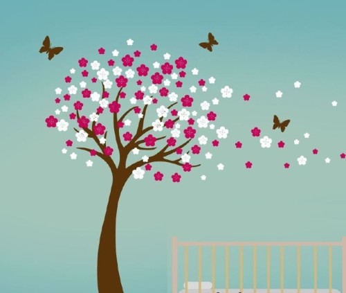 Naklejka na ścianę drzewo szare z kolorowymi płatkami na zielonkawym tle rozmiar XXL