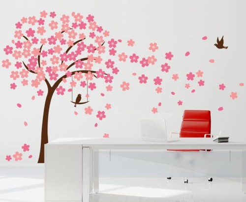 Naklejka na ścianę drzewo brązowe z różowymi liściami rozmiar XXL